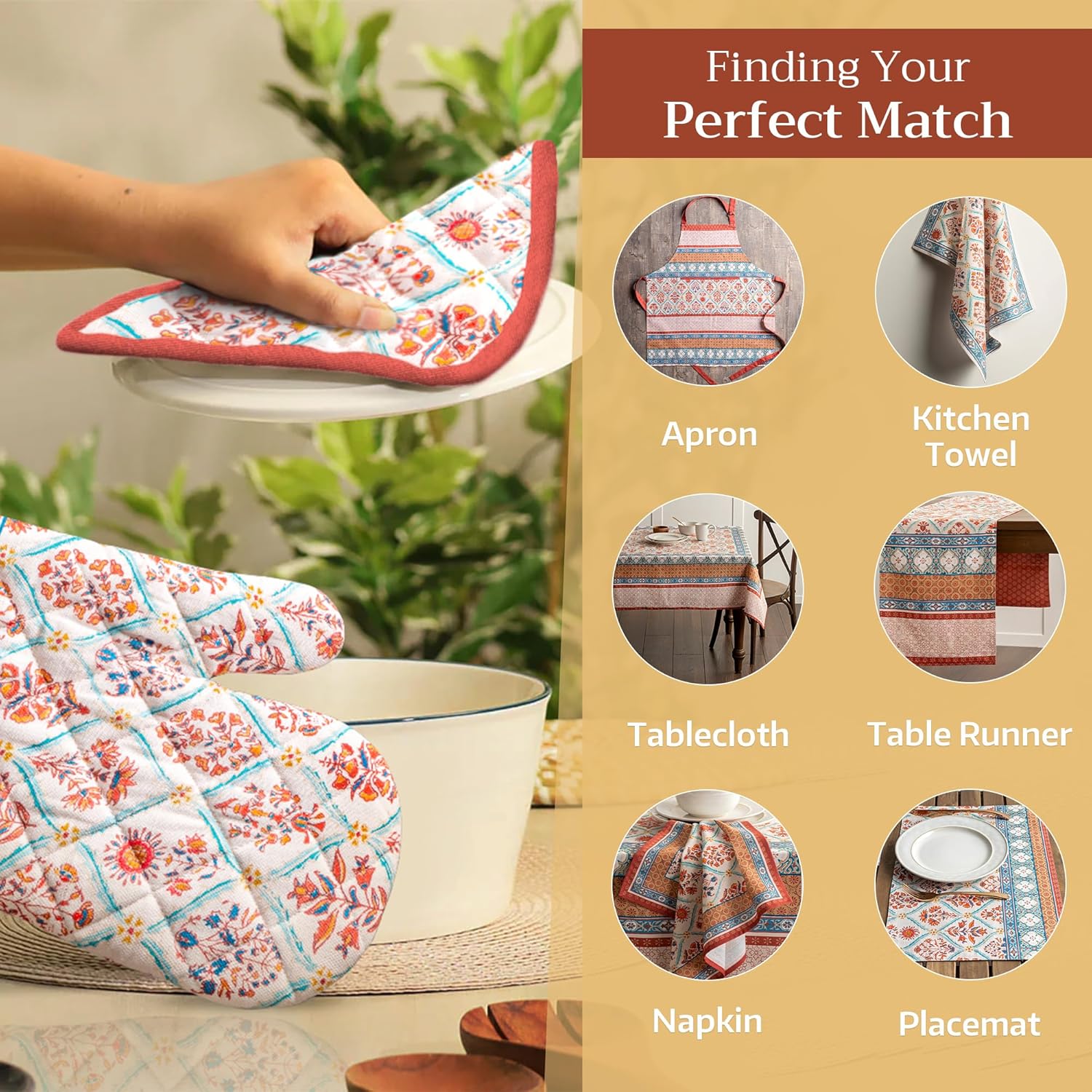 Maison d' Hermine Oven Gloves 100% Cotton Oven Mitt 7" x 13" with Loop Heat Resistant, BBQ, Cooking Gloves, Baking, Grilling, Kitchen, Handling Hot Pans (Pack of 1, Romane)