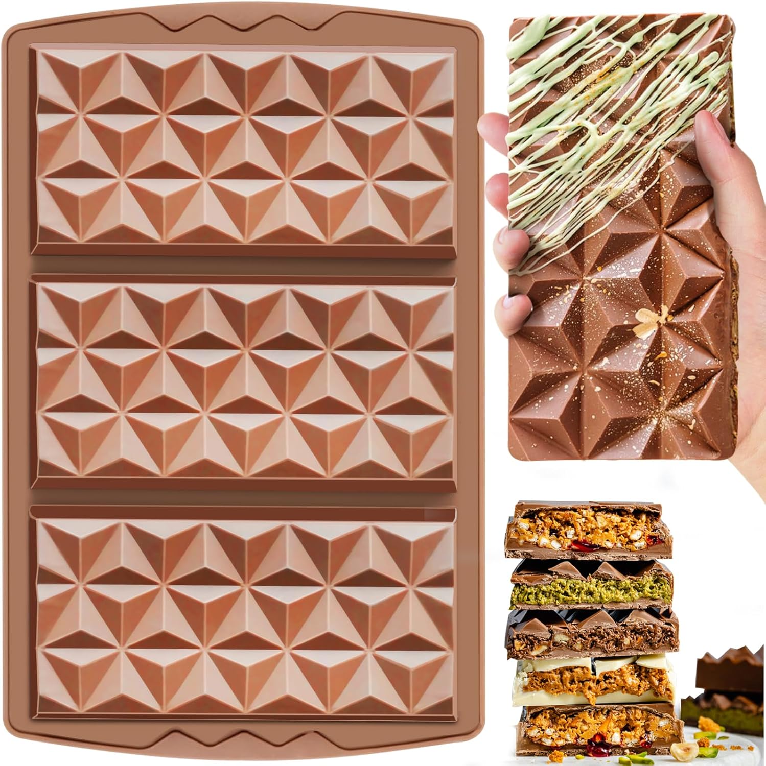 HKNMTT Chocolate Bar Mold Silicone, Large Stuffed Dubai Pistachio Deep Bar Moulds Kit 0.85 Inch Thick Big, Ideal for Homemade Making Candy Bar Bpa Free DIY Diamond Grid