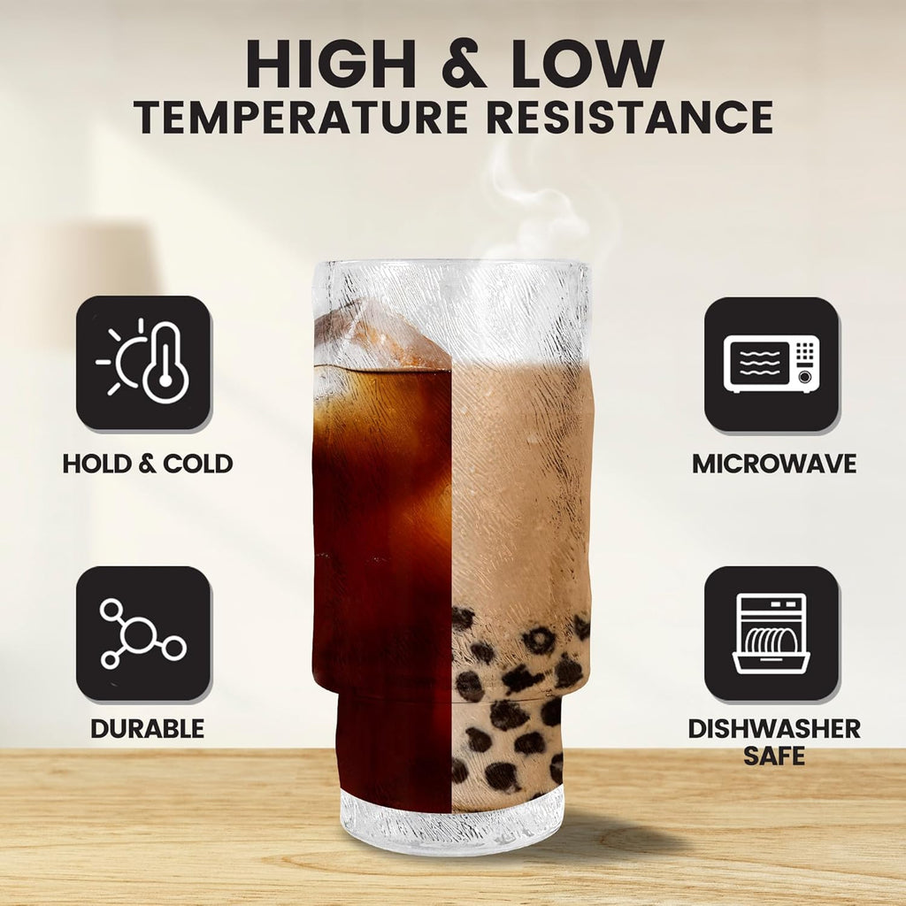 4 Pcs 11 oz Drinking Glasses Cups Set with Bamboo Lids Straws Brush Ribbed Vintage Glassware Set for Tea Iced Coffee Beer Cocktail Whiskey(Ribbed*4)