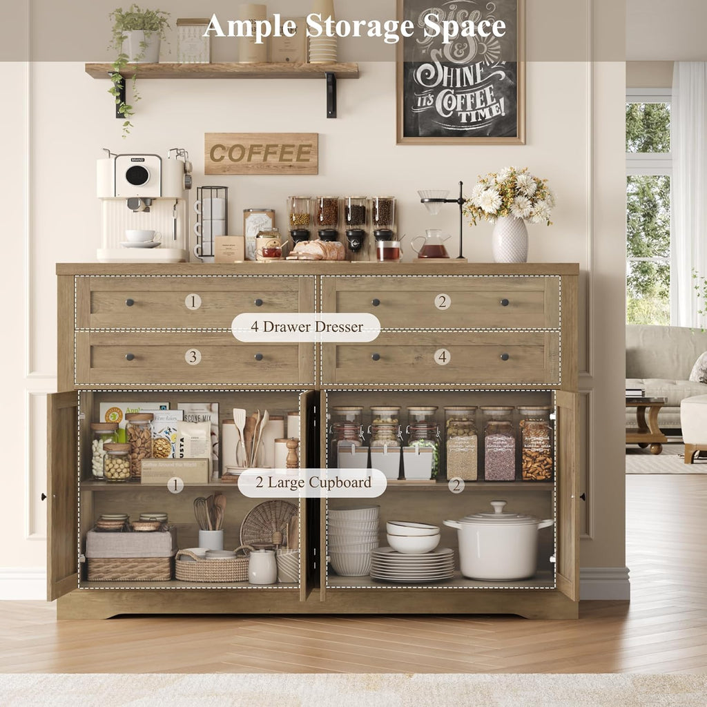 HOSTACK 55" Coffee Bar with 4 Large Drawers, 40" Tall Buffet Cabinet with Storage, Kitchen Storage Cabinet, Modern Farmhouse Sideboard Buffet, Adjustable Shelves for Living Room, Rustic Brown