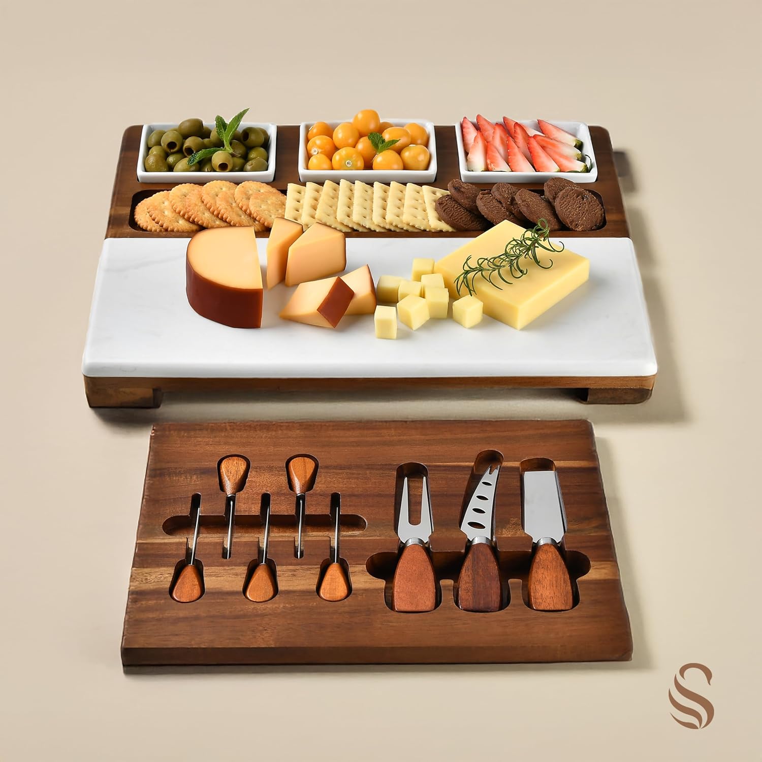 Shanik Wood - Marble Cheese Board Set with 3 Ceramic Bowls - Stainless Steel Cutlery Set, Charcuterie Board Set & Gift for Any Occasion (Without Engraving)