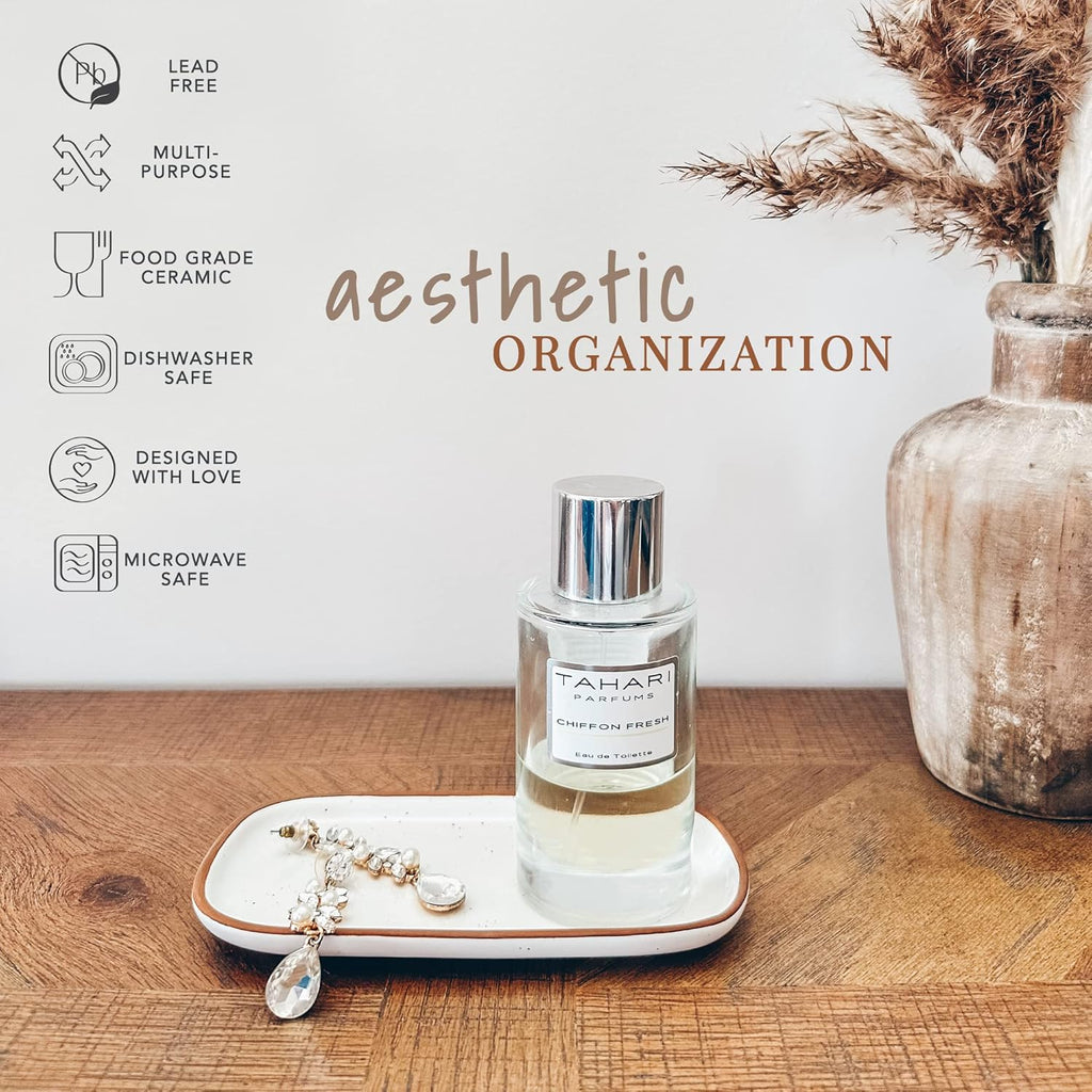 Mora Mini Ceramic Decorative Tray, 6.4 x 3.2 Inch Palm Sized Rectangle Dish for Jewelry, Perfume, Makeup, Accessories, Candle, Cute Organizer for Bathroom Vanity, Bedside, or Kitchen Counter, White