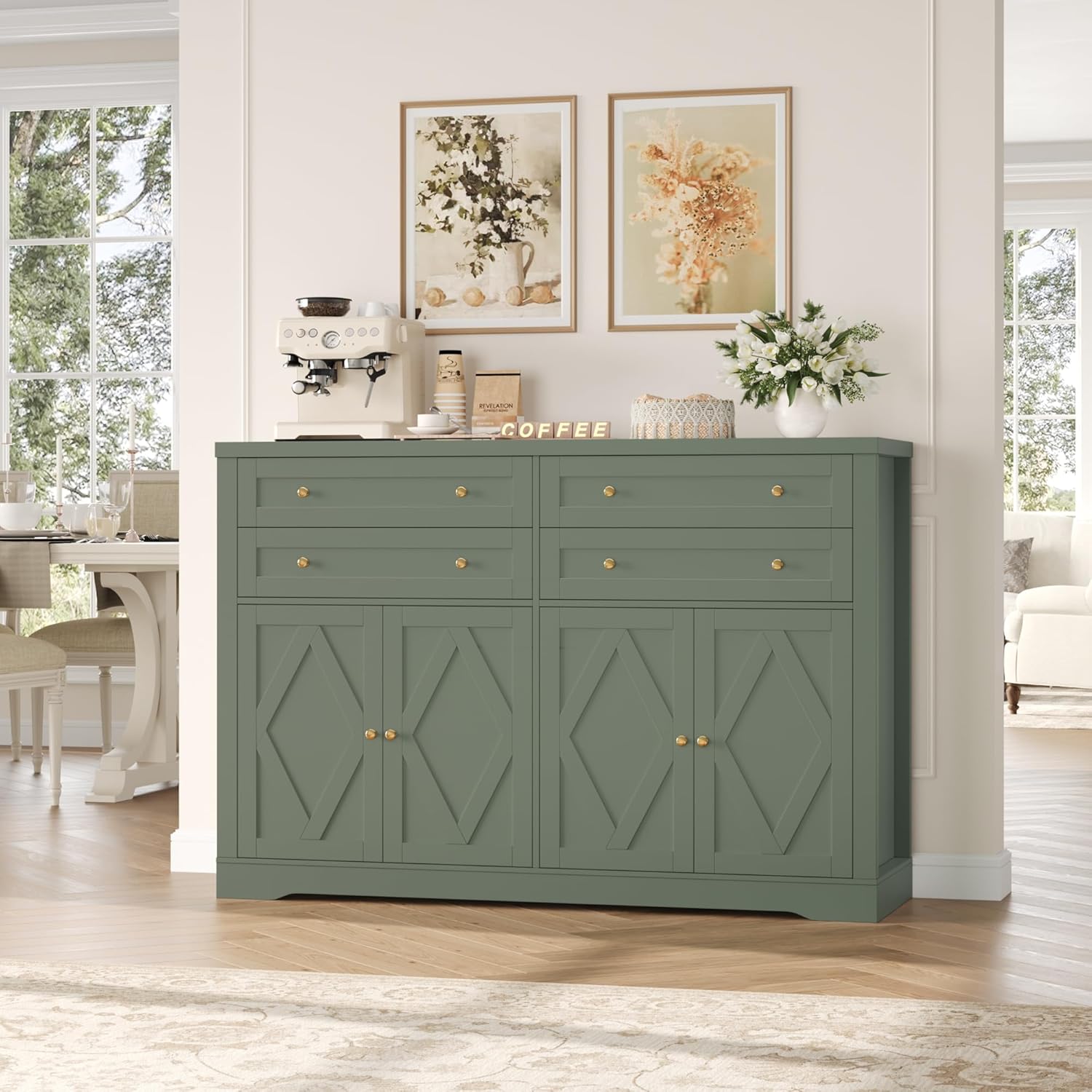 HOSTACK 55" Coffee Bar with 4 Large Drawers, 40" Tall Buffet Cabinet with Storage, Kitchen Storage Cabinet, Modern Farmhouse Sideboard Buffet, Adjustable Shelves for Living Room, Green