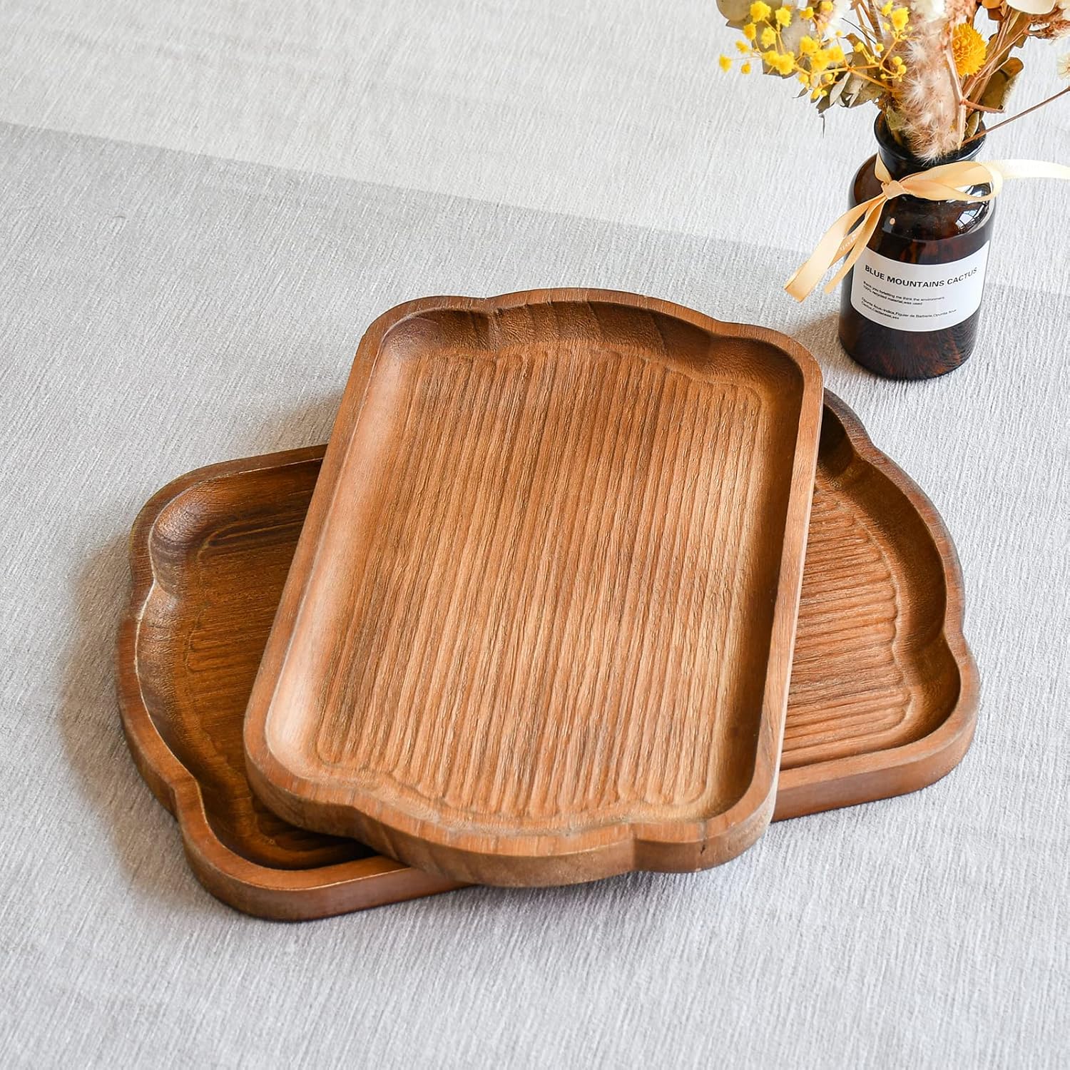Rustic Wood Serving Tray Set of 2 Brown Rectangular Decorative Trays Farmhouse Charcuterie Boards Platter for Food, Fruit, and Coffee Great for Bed, Living, Ottoman, Coffee Table, Kitchen, or Party.