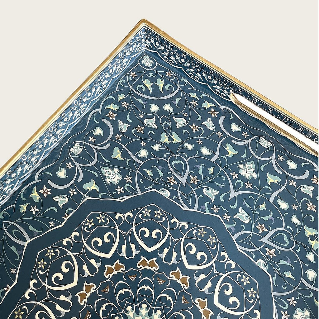 Decorative Tray, Blue Serving Tray with Handles, Ottoman Trays, Plastic Coffee Table Tray for Living Room, Bathroom, Kitchen, Decor, 15.7”*11.8”