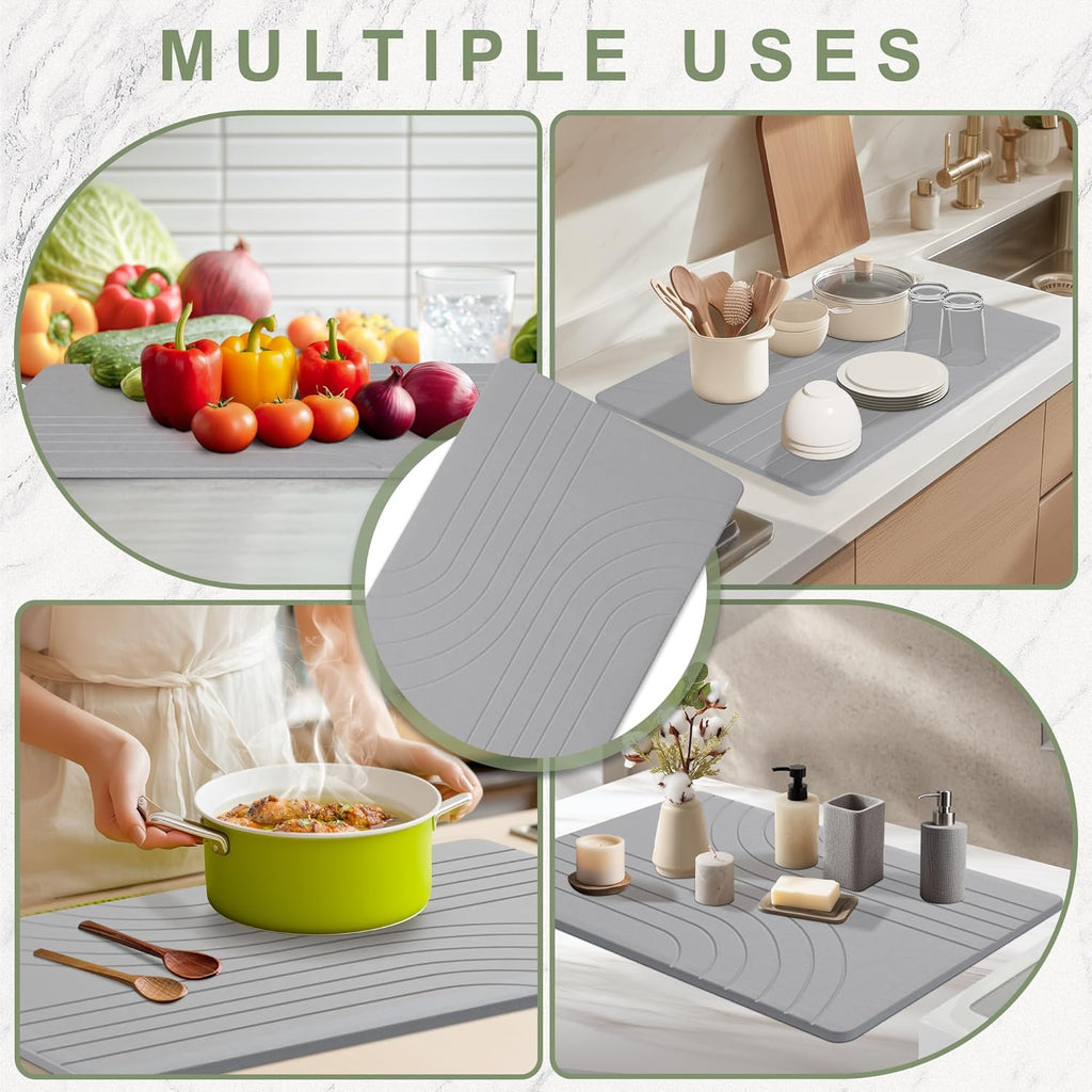 Large Stone Drying Mat for Kitchen Counter, 24" × 16" Diatomite Dish Drying Mat, Quick Dry Stone Mats, Ultra Absorbent Natural Diatomaceous Earth Mats for Dished, Bottles, Dark Grey