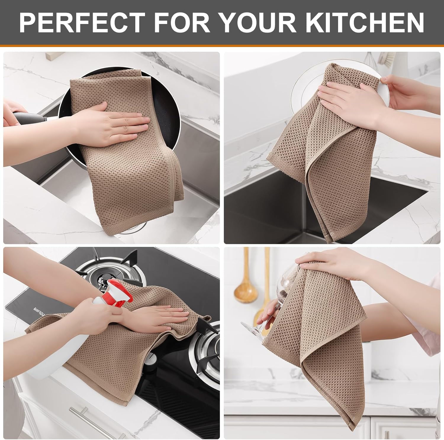 Kitinjoy 100% Cotton Waffle Weave Kitchen Towels, 4-Pack Super Soft and Absorbent Dish Towels for Drying Dishes, Kitchen Hand Towels, 13 in x 28 in, Tan