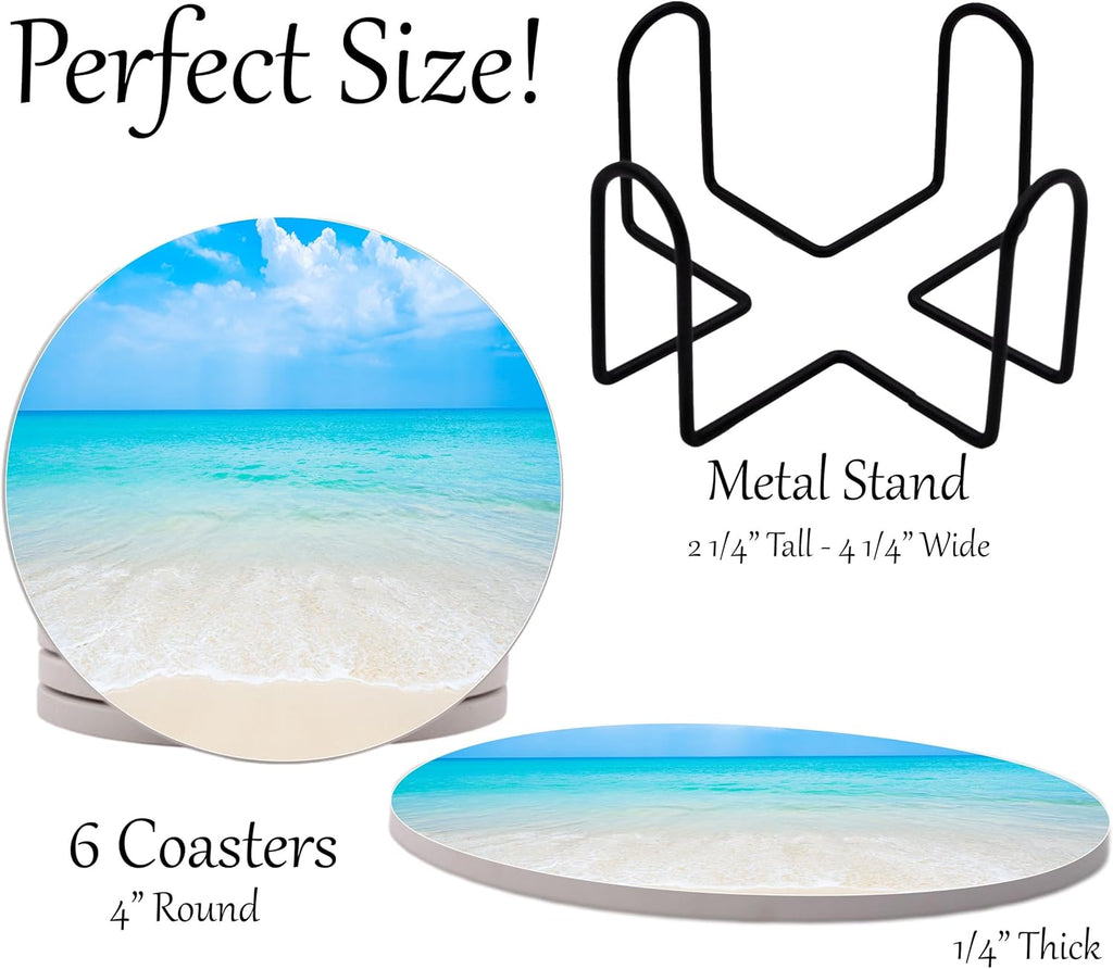 Ocean Coastal Theme Round Coasters Set of 6 - Abosrbent Ceramic Coasters with Metal Stand for Drinks, Beer, Coffee, Non-Slip Cork Back for Tabletop Protection, 4 Inches (Ocean)