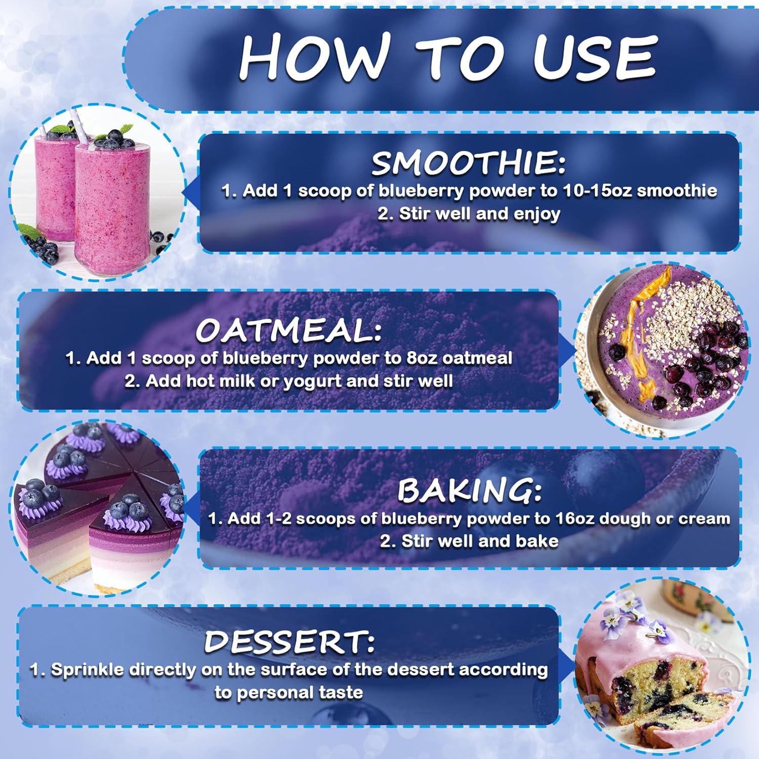 Blueberry Powder - 100% Freeze Dried Blueberries Fruit Powder, No Additives Blueberries Extract for Baking and Flavoring, Rich in Nutrients, Non-GMO, Great for Drinks, Smoothies, Beverages - 4oz