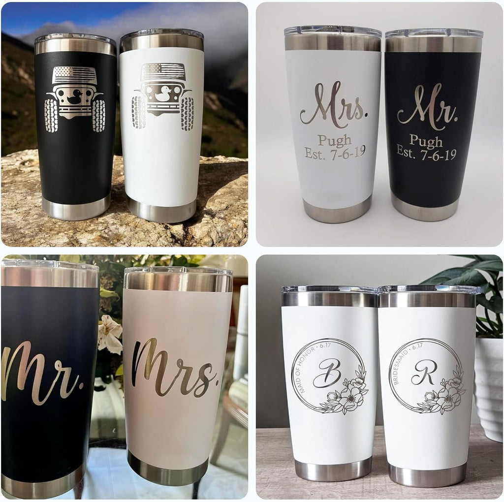 OMTech 20oz Tumblers Bulk, 12pc Stainless Steel Tumbler Set with Lid & Straw, Double Wall Vacuum Insulated Mug for Laser Engraver, Travel Coffee Mug for Hot & Cold Drinks, White Powder Coated Cup