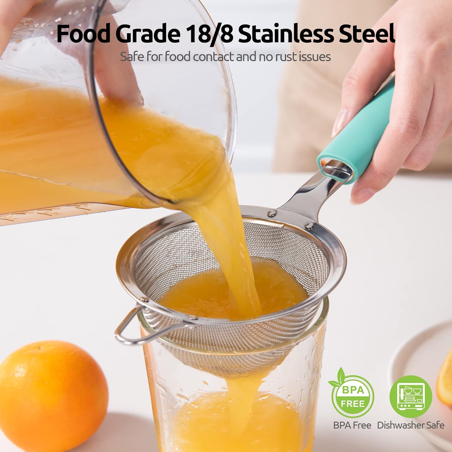 18/8 Stainless Steel Mesh Strainer: U-Taste 3.9 Inch Kitchen Fine Mesh Sieve Food Colander with Riveted Sturdy Silicone Handle and 30 Mesh Hole for Straining Flour, Quinoa, Tea, Juice (Aqua Sky)