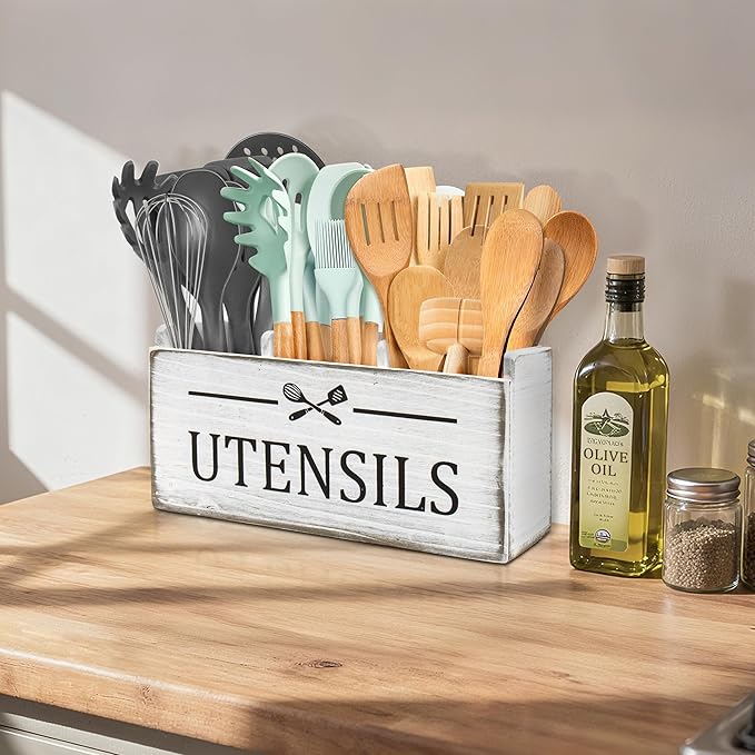 RedCall Wooden Kitchen Utensil Holder for Counter-top,Large Utensil Organizer for Storage Cooking Tool and Silverware,Extra Large Rustic Wood Container (Antique)