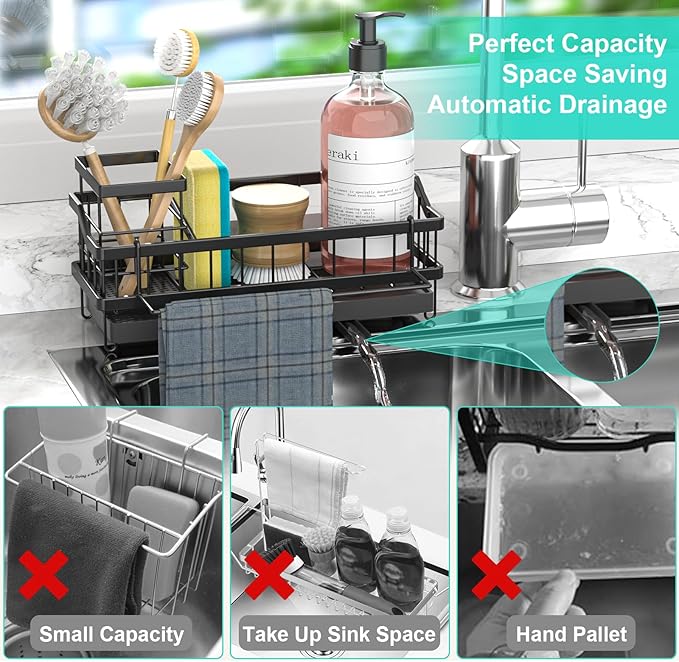 Sponge Holder for Kitchen Sink - Countertop Rustproof Stainless Steel, Sink Caddy, Kitchen Gadgets Accessories (Black)