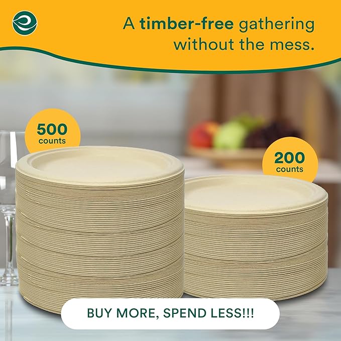 ECO SOUL Compostable 9 Inch(200-Pack) Biodegradable Heavy-Duty Disposable Eco-Friendly Paper Plates for Christmas Dinner & Parties, Wedding, Event
