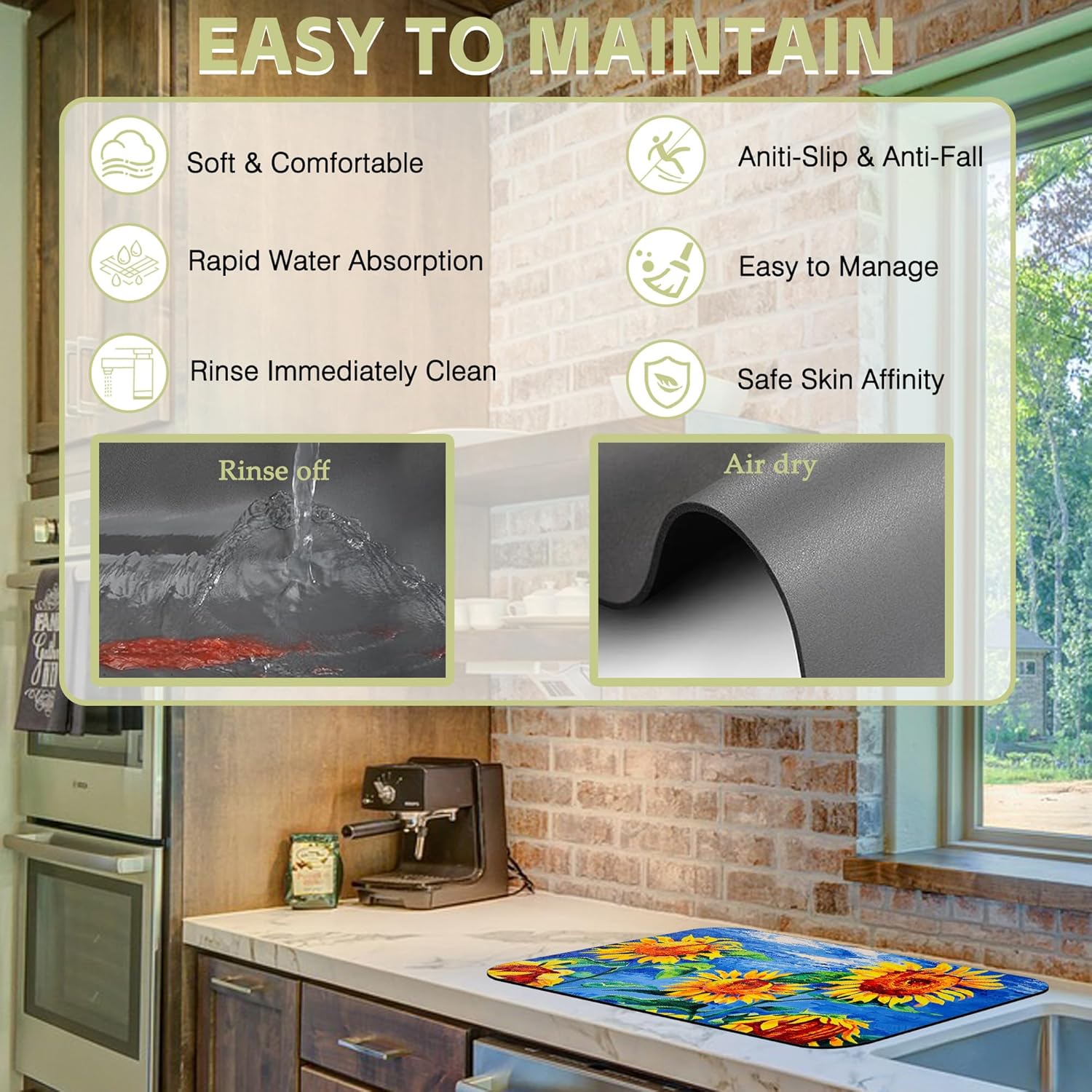 Kitchen Mat Oil Painting Sunflowers Dish Drying Mat 12"x19" Bsorbent Coffee Maker Mat for Sink Dishes or Under Rack Kitchen Counter Accessories Absorbent Hide Stain Rubber Backed Dish Drying Pad