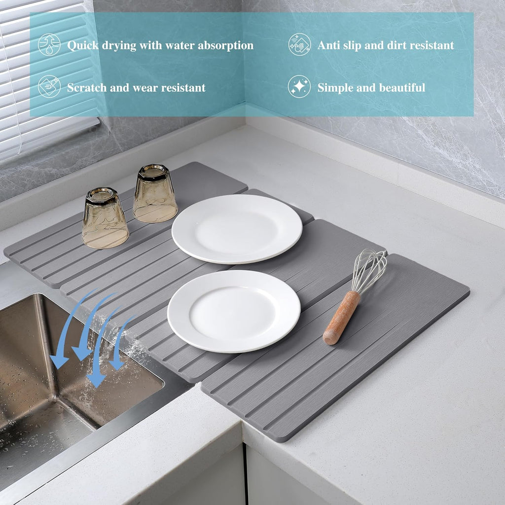 Extral Large Quick Dry Stone Drying Mat for Kitchen Counter,28x16 Inch Collapsible Eco-Friendly Absorbent Diatomaceous Earth Mat for Dishes Cups (Medium Gray-Upgraded Version, 24x16 inch)