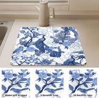 Dish Drying Mat for Kitchen Counter,Blue Peacocks Birds Dish Drying Pad with Non-slip Rubber Backed 19.7"x15.7" Hide Stain Anti Absorbent for Kitchen Counter, Drying Mat for Coffee Machine