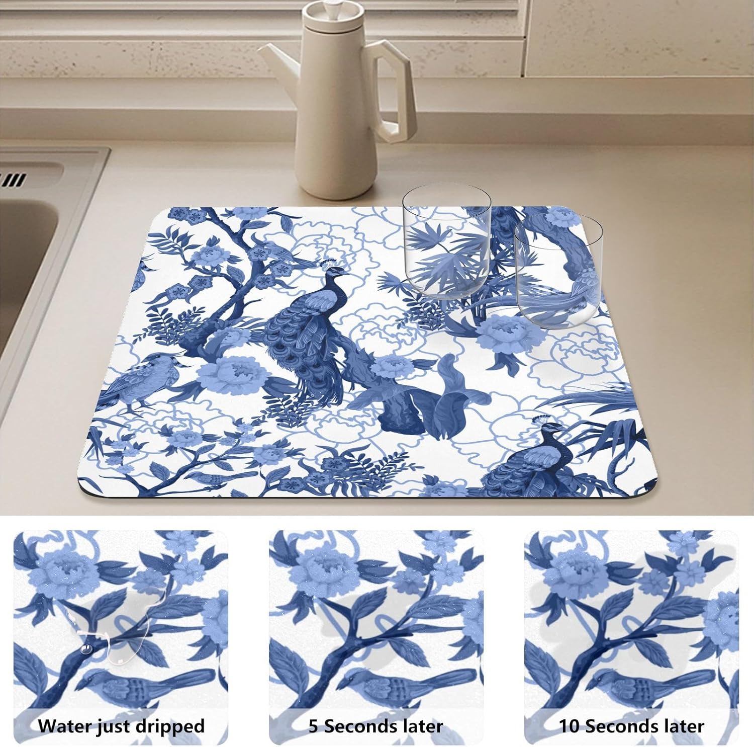 Dish Drying Mat for Kitchen Counter,Blue Peacocks Birds Dish Drying Pad with Non-slip Rubber Backed 19.7"x15.7" Hide Stain Anti Absorbent for Kitchen Counter, Drying Mat for Coffee Machine