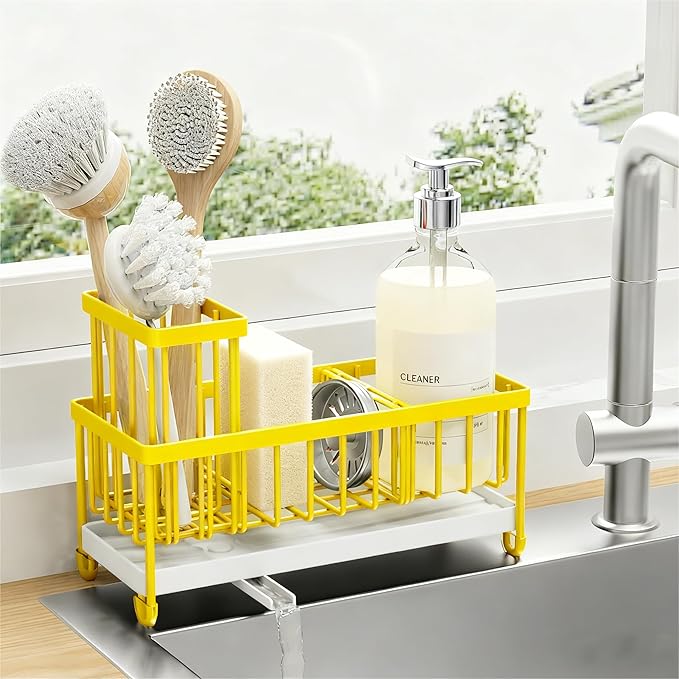 Cisily Yellow Sponge Holder for Kitchen Sink, Sink Caddy Organizer with High Brush Holder, Kitchen Countertop Organizers and Storage Essentials, Yellow Kitchen Decor and Accessories