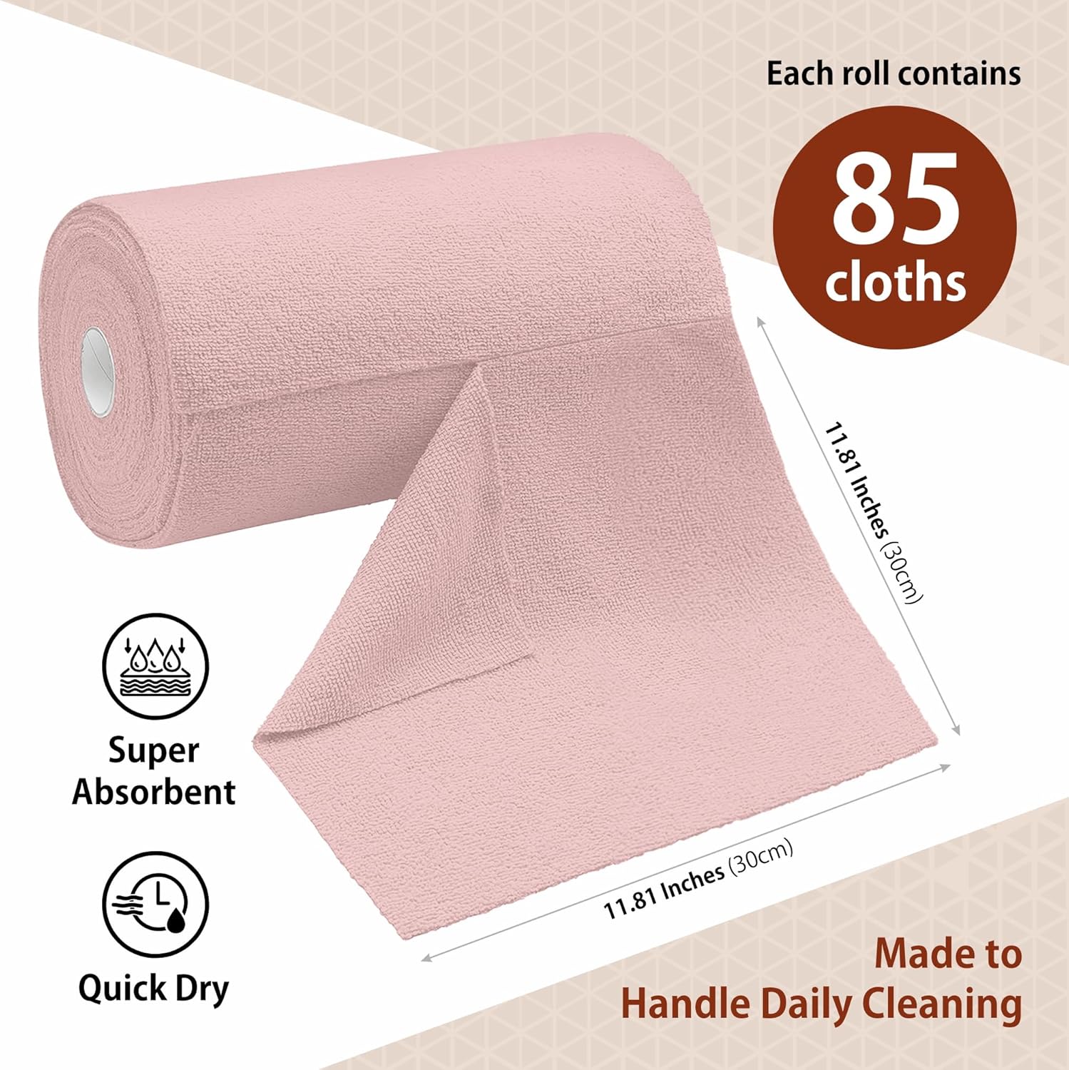 H4N Microfiber Cleaning Cloth Roll, 85 Pack Micro Fiber Wash Cloths for Car, Tear Away Towels, Ultra Absorbent Dish Rags, Non-Abrasive, Reusable and Washable Household Supplies, 11.81" x 11.81", Pink