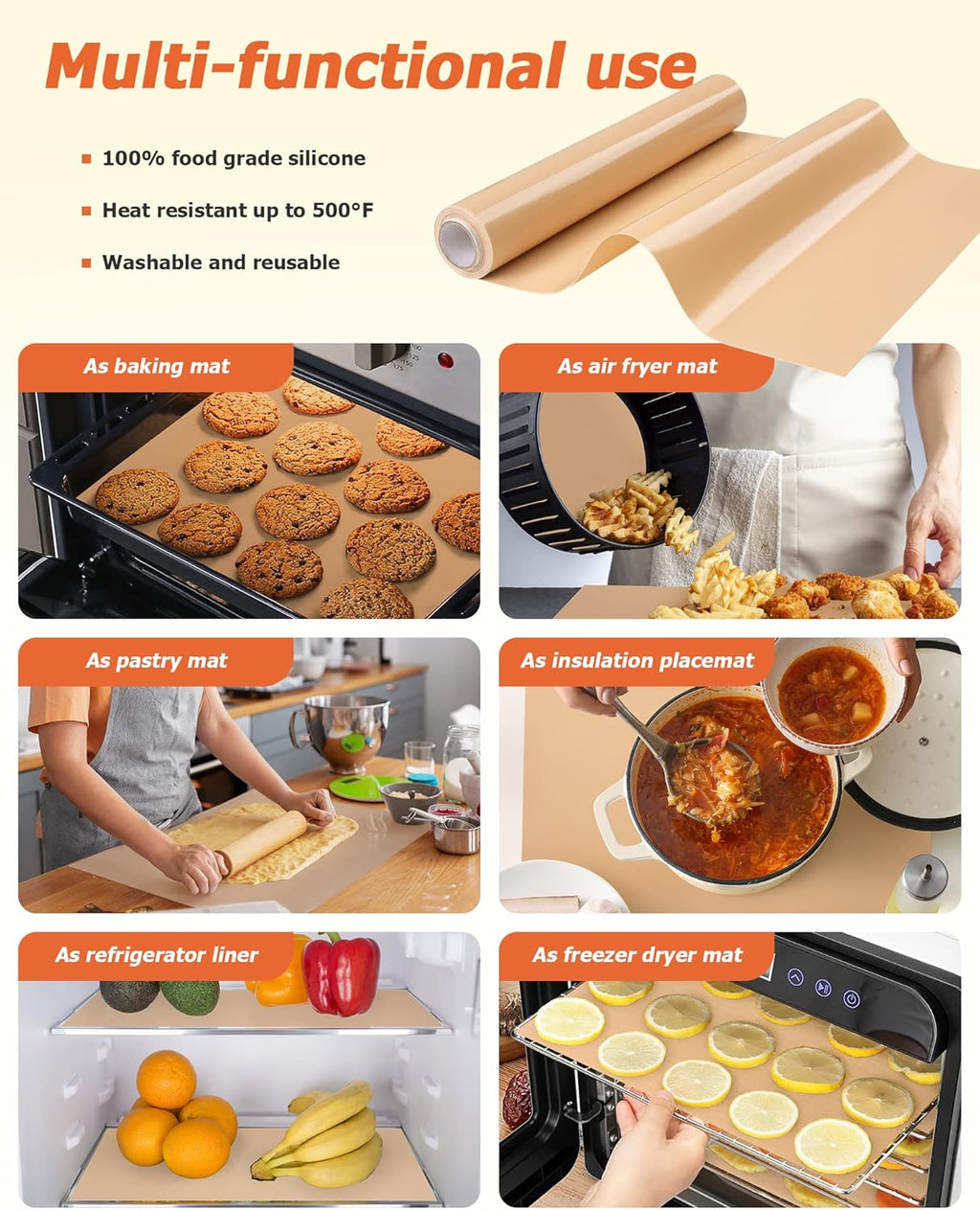 Silicone Baking Mat Roll - Best German Silicone - Non-slip Silicone Pastry Mat, Non-Stick Reusable Air Fryer Linner, Counter Mat, Oven Liner, Freeze Dryer Mat - 16IN x 8FT