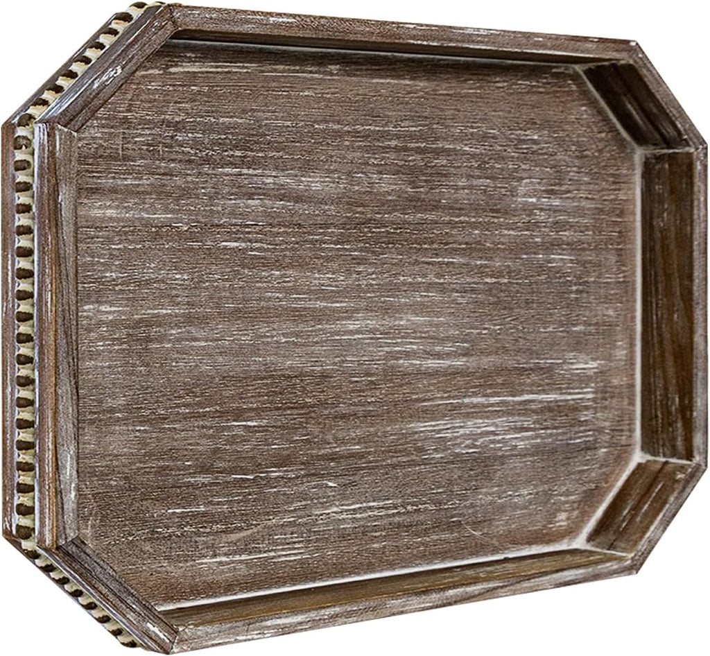 MAONAME Wood Serving Tray, Farmhouse Wooden Tray for Coffee Table, Octagonal Beaded Trays, Vintage Brown Decorative Trays for Living Room, Kitchen, 15.7" X 10.2" X 1.6"