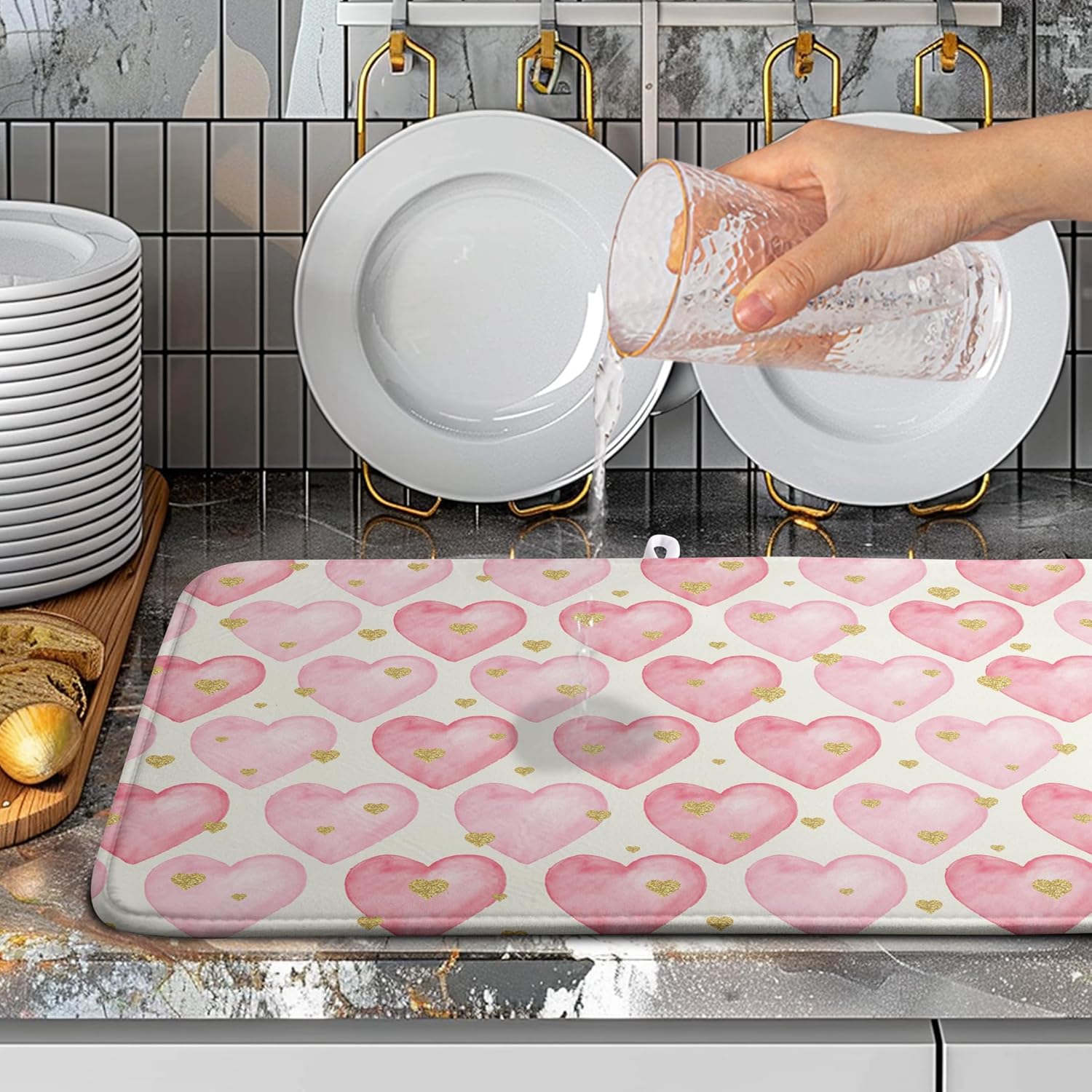 Valentines Dish Drying Mat Valentine Dishes Drying Pad Pink Golden Heart Love Absorbent Dish Dryer Matt for Kitchen Countertops Microfiber 18x24 Inches