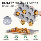 BRONYPRO Ceramic Muffin Pan, 12-Cup and 24-Cup Nonstick Aluminized Steel Mini Cupcake Pans, Healthy Non-Toxic Ceramic Coating Muffin Tin, 2 Pack Cup Cake Pans for Baking Cream