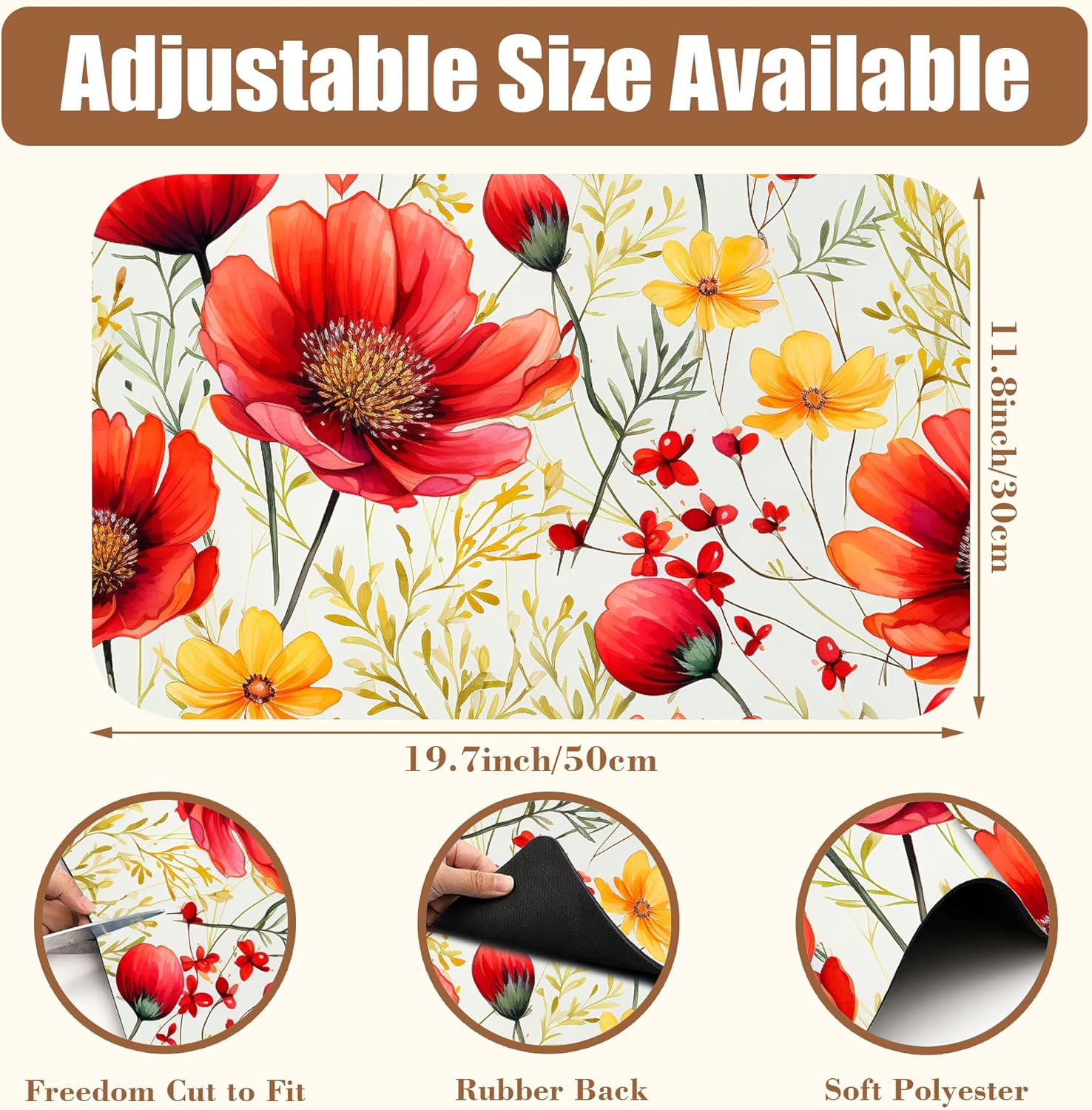 Red and Yellow Flowers Coffee Mat Absorbent Dish Drying Mat for Kitchen Counter Hide Stain Rubber Backed Coffee Bar Accessories Fit Under Espresso Machine, 11.8 x 19.7 Inch