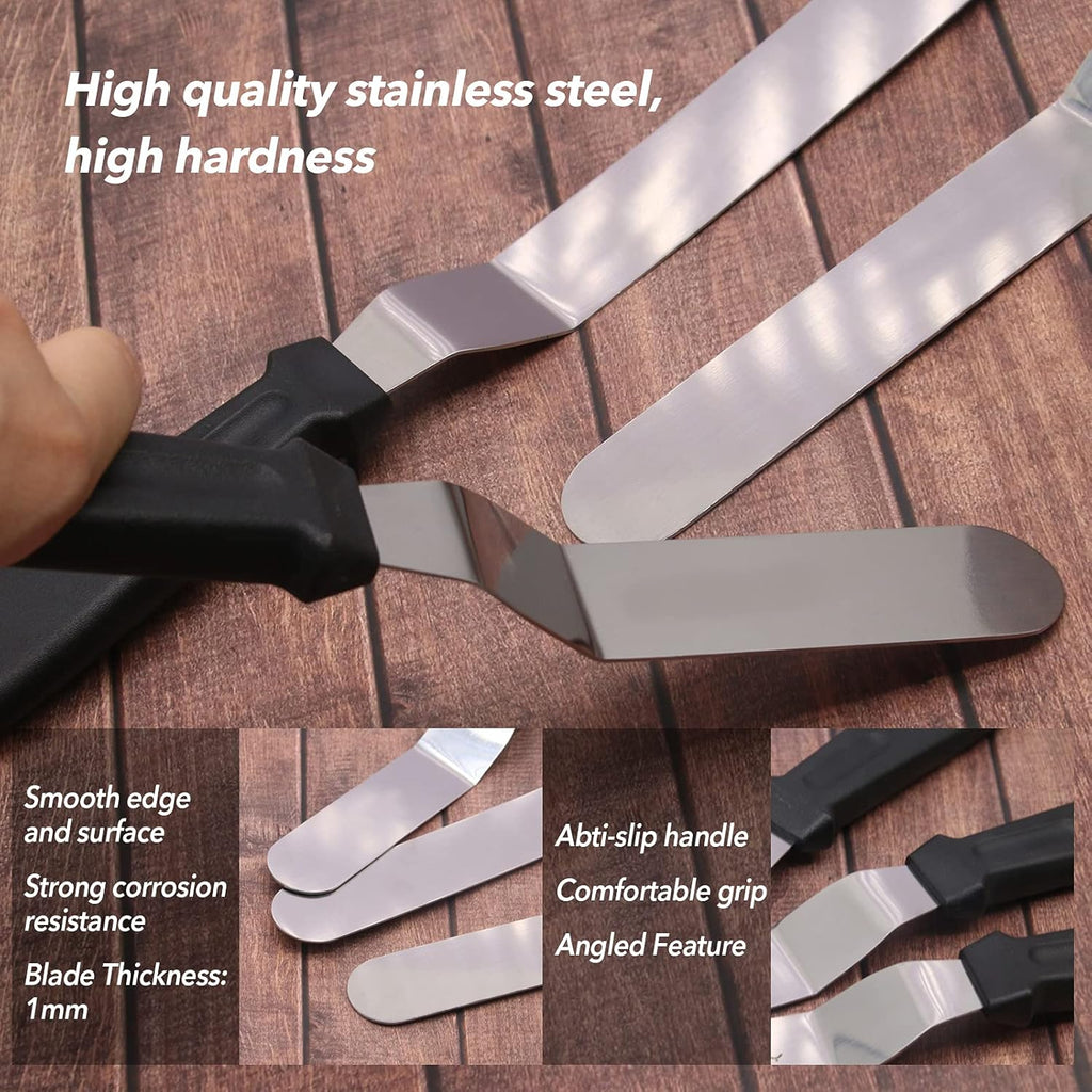 Angled Icing Spatula Set and 3 Packs Cake Scrapers Smoother, Stainless Steel Offset Spatulas Cake Frosting Spatula Set for Pastry Decorating Tools