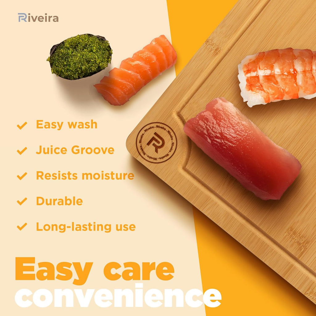 Riveira Cutting Boards For Kitchen – Gourmet Bamboo Grandeur: 12 x 10 Wood Cutting Board – Natural Bamboo Cutting Board – Innovative Juice Grooves Wooden Cutting Boards For Kitchen
