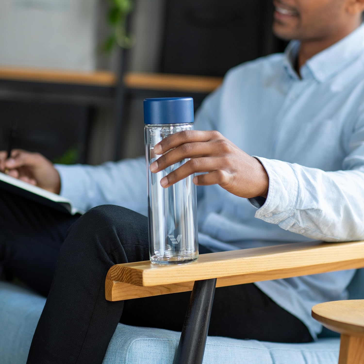 Glass Multi Tea Infuser Bottle 14oz - Double Wall Borosilicate Glass Flask | No Plastic Touches Contents | Perfect for Office or Home - Blue