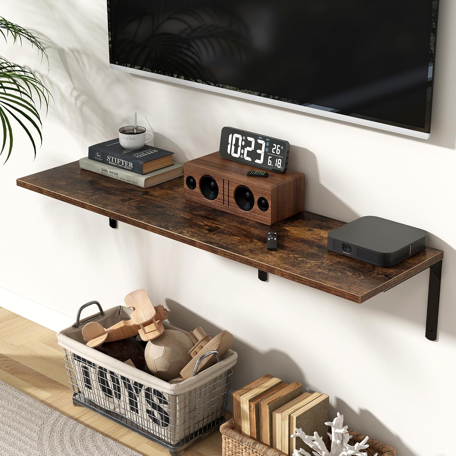 Fun Memories Rustic Brown 12 Inch Deep Floating Shelves Set of 2, Wall Mounted Shelf with Metal Brackets, Rustic Wood Wall Shelf for Bathroom, Kitchen and Living Room