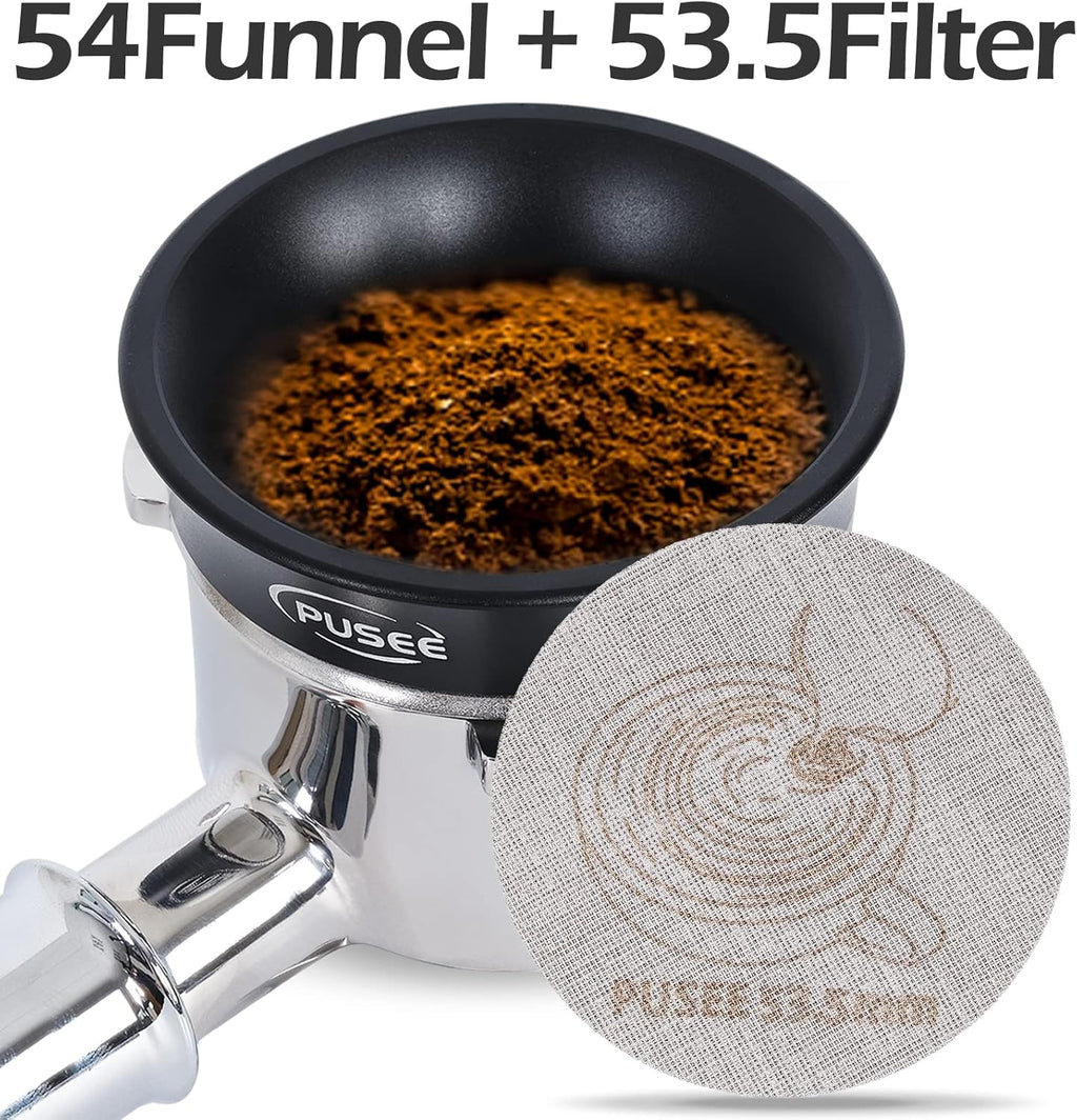 54mm Espresso Dosing Funnel & 53.5mm Puck Screen,PUSEE Coffee Dosing Ring Aluminum Metal,Reusable 1.7mm Thickness 150μm Espresso Puck Screen 316 Stainless Steel Fits 54mm Portafilter