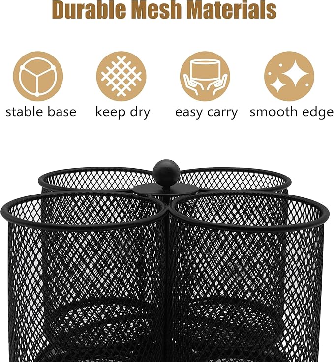 Silverware Holder Utensil Caddy - 360° Rotating Silverware Caddy 4 Compartment Metal Cutlery Organizer Fork Spoon Napkin Plastic Flatware Storage Basket Party Countertop Picnic Outdoor Black