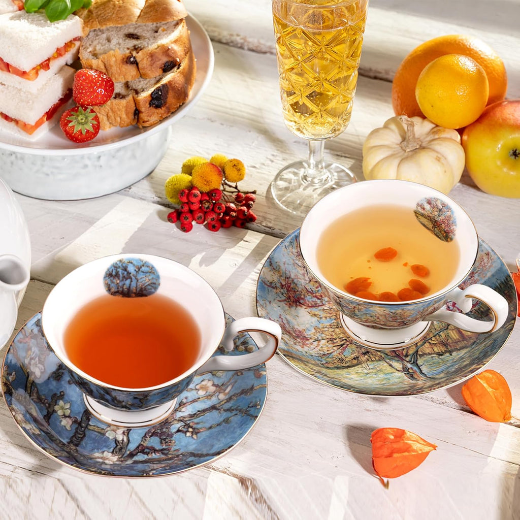 Floral Tea Cups Saucers Set of 2, Van Gogh Paintings Bone China 7 oz British Teacups Porcelain Coffee Cup for Rose Tea Cappuccino Espresso Latte (Apricot & Peach Blossom)