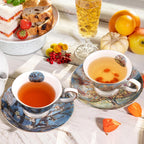 Floral Tea Cups Saucers Set of 2, Van Gogh Paintings Bone China 7 oz British Teacups Porcelain Coffee Cup for Rose Tea Cappuccino Espresso Latte (Apricot & Peach Blossom)