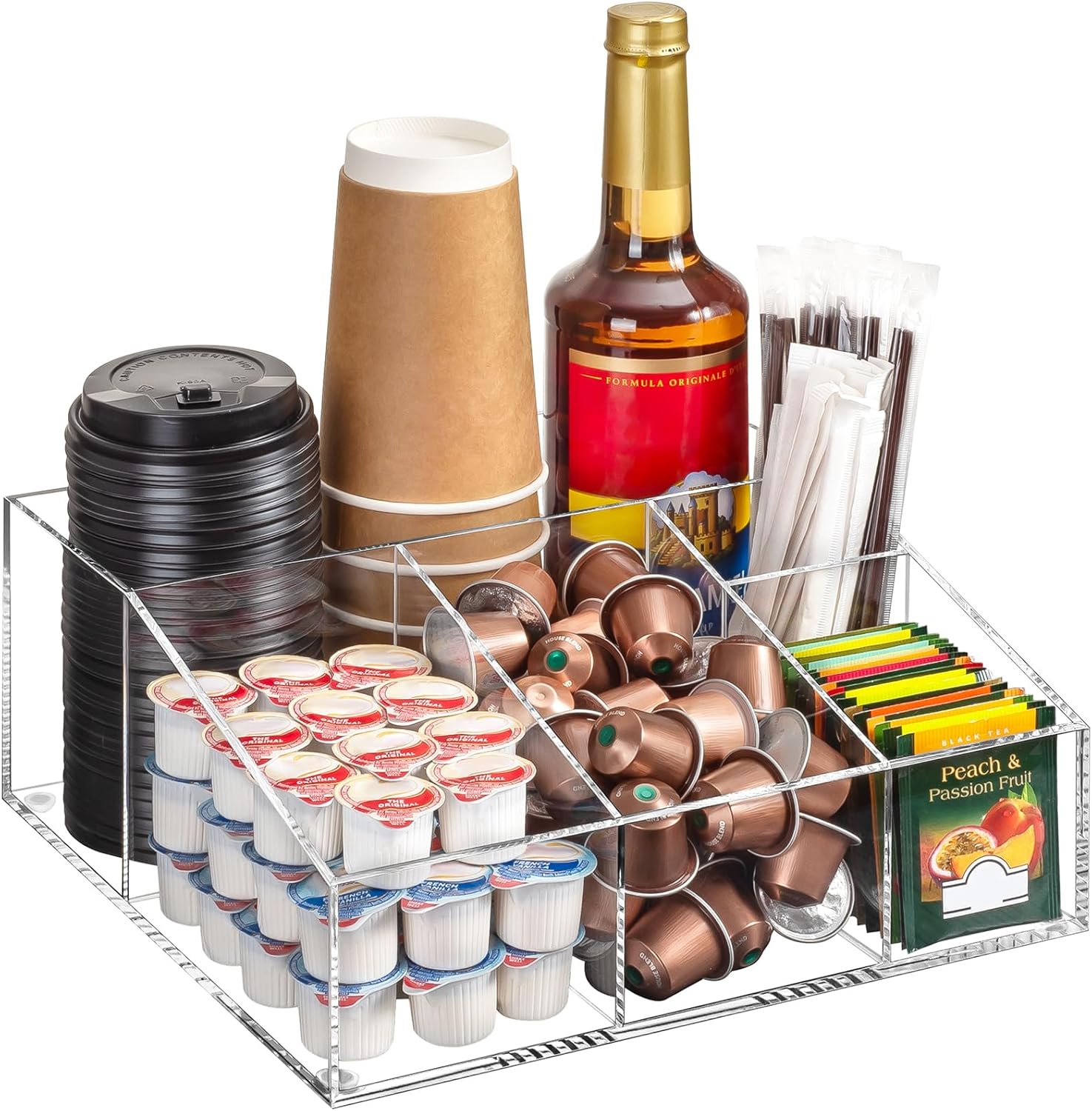 BEYGORM Acrylic Coffee Bar Station Organizer for Countertop,Office Breakroom Clear Snack Tea Storage Accessories Holder for Kcup Pod Condiment Cup Sugar Creamer Syrup, Coffee Gift for Coffee Lovers