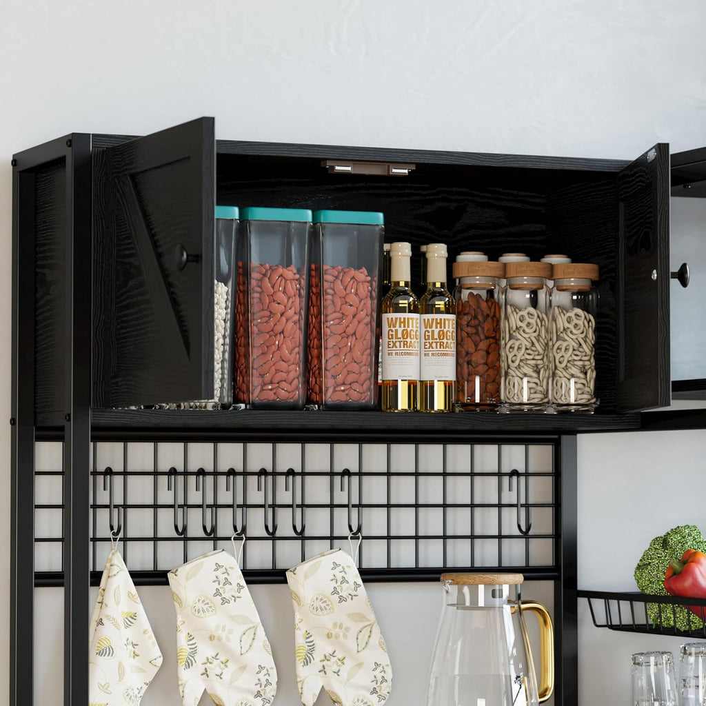 IRONCK Bakers Rack with 2 Storage Cabinets and Power Outlet, 45.3 Inch Industrial Coffee Bar Cabinet Shelves, Kitchen Microwave Stand with Storage, Vintage Black