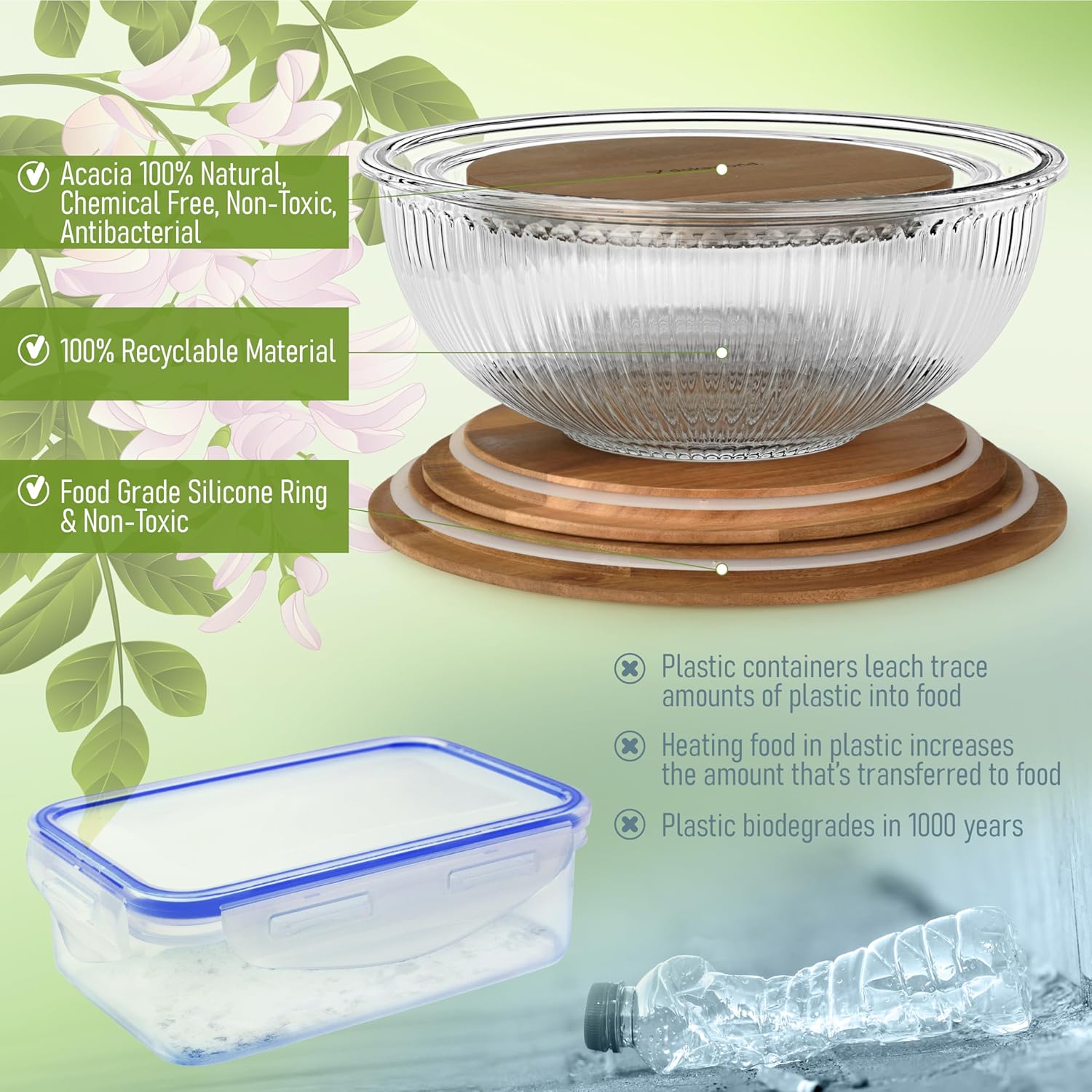 Set of 3 Stackable Space-Saving Nesting Glass Salad Bowls with Acacia Lids for Foodprep, Storage, Baking, Mixing & Cooking - Microwave Safe Durable Inert Borosilicate Glass