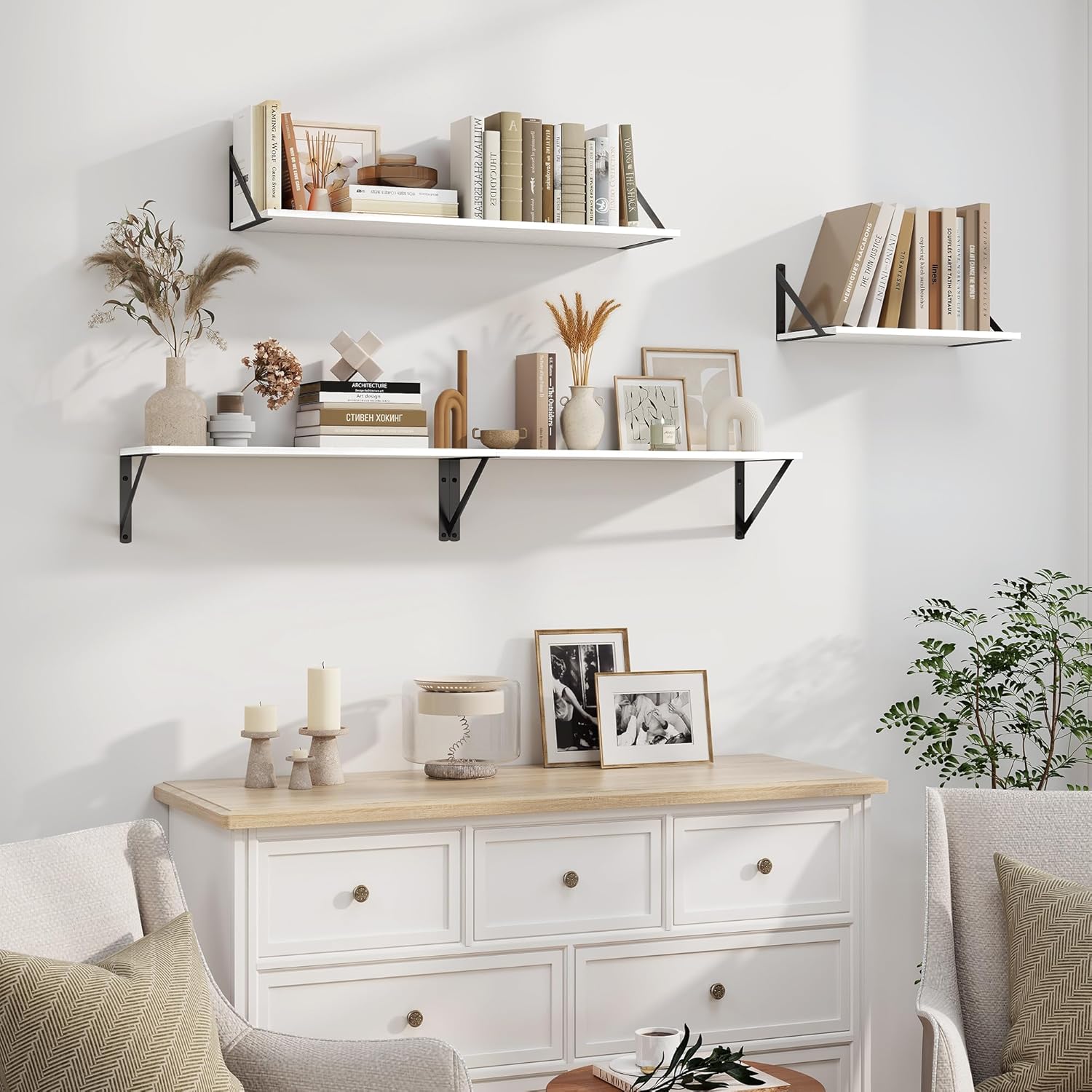 Heimlove White Deep Floating Shelves for Wall, 40W x 8D Wood Wall Shelves Set of 2, Wide Floating Bookshelf for Living Room, Kitchen, Office, Bedroom and Decor Storage, with Black Bracket - White