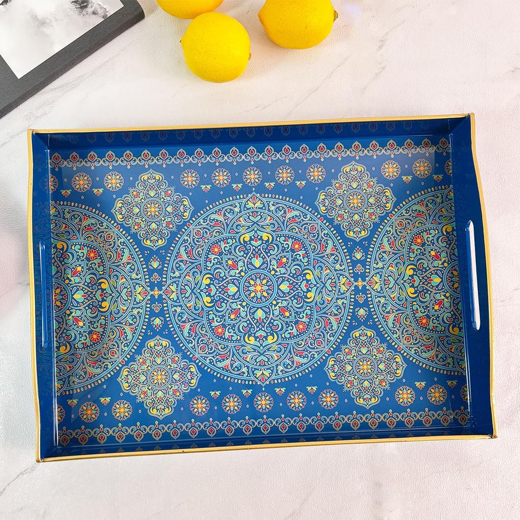 Boho Blue Decorative Tray, Serving Tray with Handles, Plastic Tray for Coffee Table, Ottoman - Ideal for Living Room & Bathroom. 15” x 11” x 2.5”