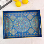 Boho Blue Decorative Tray, Serving Tray with Handles, Plastic Tray for Coffee Table, Ottoman - Ideal for Living Room & Bathroom. 15” x 11” x 2.5”