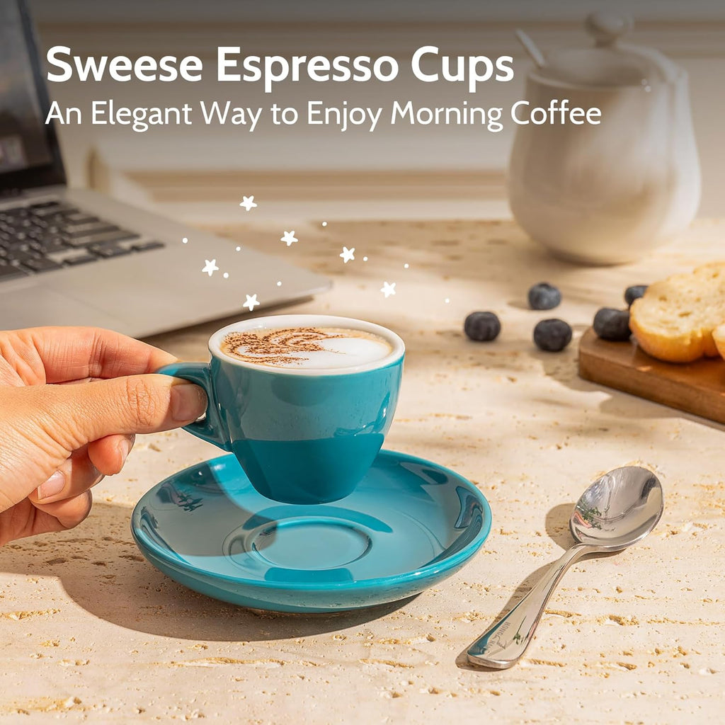 Sweese 2 Ounce Espresso Cups with Saucers, Porcelain Espresso Cups Set of 6 - Hot Assorted Colors