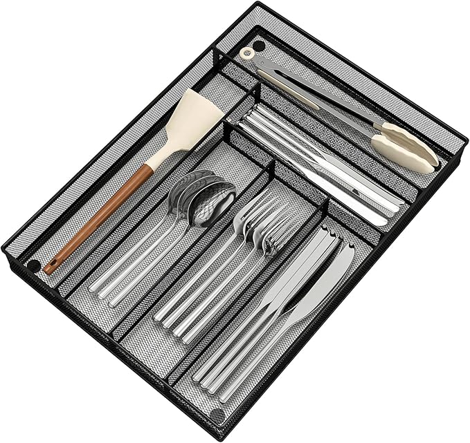 Silverware Organizer Metal Mesh, Large Drawer Organizer, Utensil Cutlery Tray for kitchen drawers, Flatware Organizer with 6 Compartment, Black (11.3”*16“)