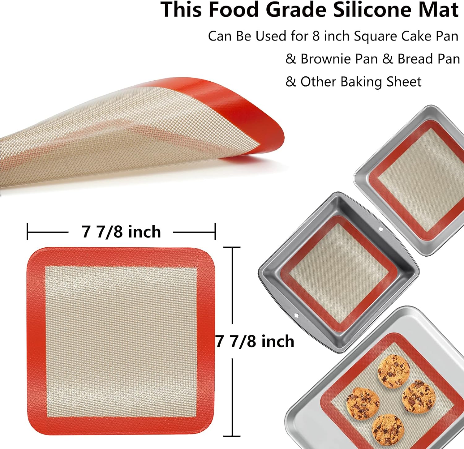 Silicone Baking Mats for 8 inch Square Cake Pan, Non-stick Reusable Cookie Sheet Liner for Baking Pan, Professional Food Grade Oven Liner Sheets Mats for Bread/Toast/Pastry/Cookie/Pie/Pizza 2 PCS 8x8