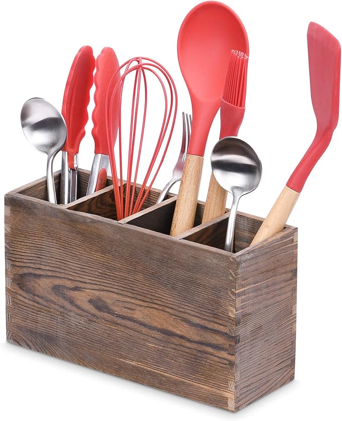 WuGeShop 4 Compartment Wooden Utensil Holder Organizer for Kitchen Countertop Organizer and Cooking Tools Storage