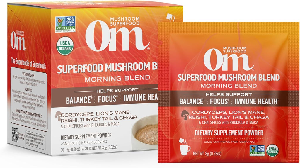 Om Mushroom Superfood Morning Energy Blend Mushroom Powder Drink, Single Serve, 10 Count, Coffee Free Energy Drink with Cordyceps, Vitamin D2, Agaricus Bisporus, Lion's Mane, Rhodiola, and Turkey Tail