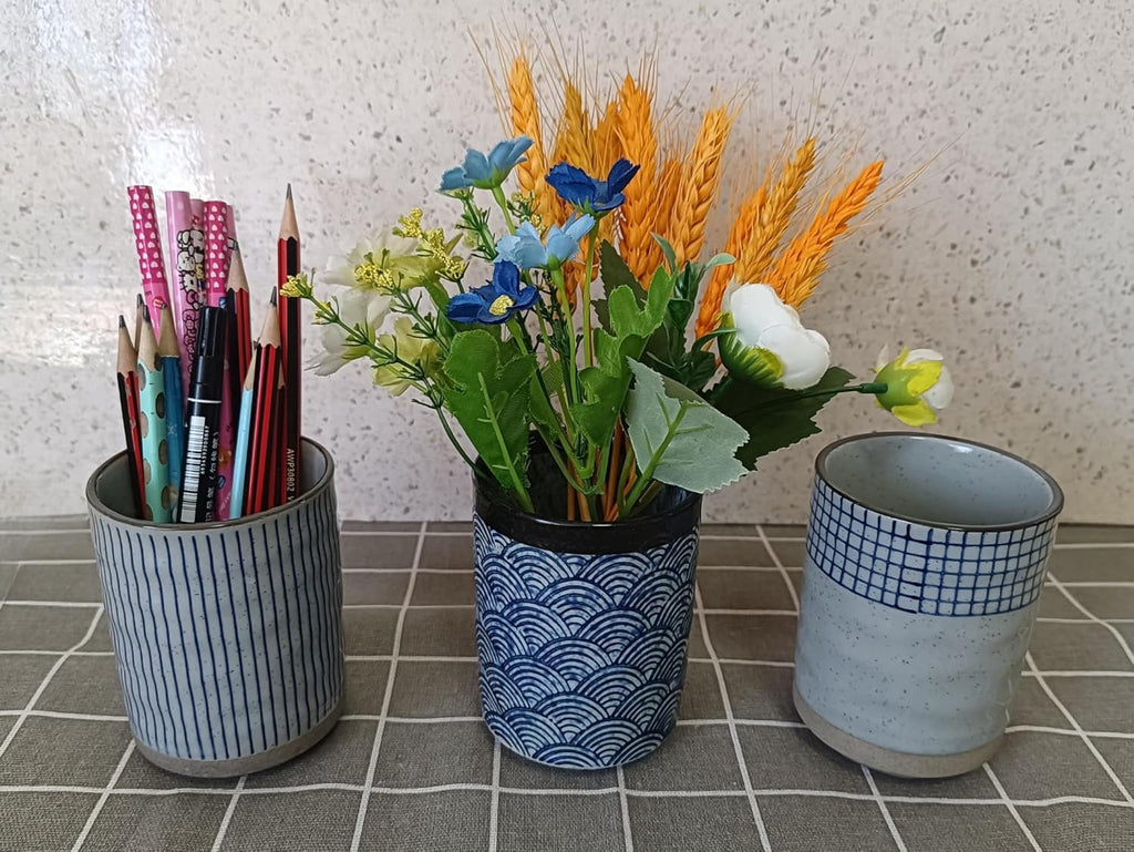 Stoneware Coffee Bar Utensil Holder Tea & Coffee Spoon & Stirrer Holder for Stir Stick Straw Teaspoon Holder Spoon Cup Small Utensil Jar (Blue Stripes)