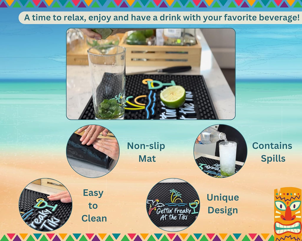 Gettin Freaky at The Tiki Sign with Flying Parrot, Palm Tree and Cocktail Tiki Bar Mats for Countertop 18 x 12in, Coffee Station Mat and Coffee Bar Mat, Aloha, Hawaiian and Luau Party Decorations